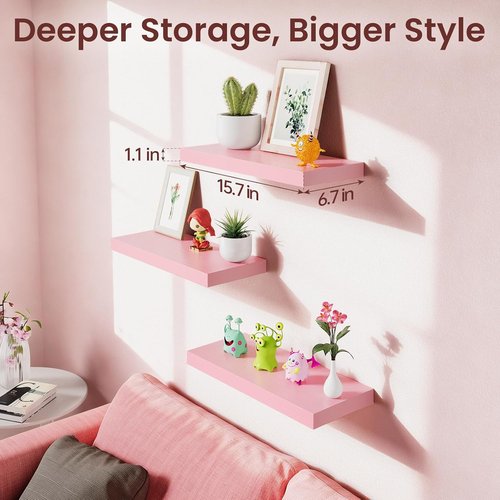 BAYKA Pink Floating Wall Shelves - Set of 3, 15.7in Wood Shelves for Stylish Home Organization