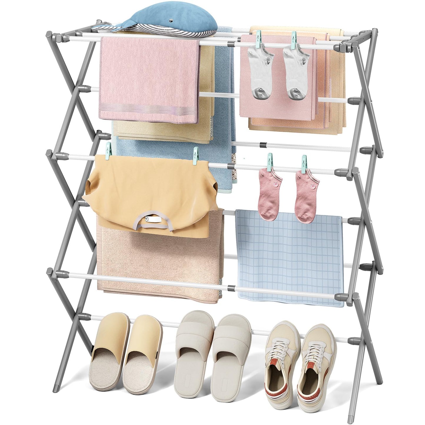 KINGBOARD Clothes Drying Rack, Collapsible Drying Rack Clothing with 11 Poles, 3-Tier Laundry Drying Rack, Small Clothes Drying Rack Foldable for Baby Clothes, 25lb Capacity, White & Grey