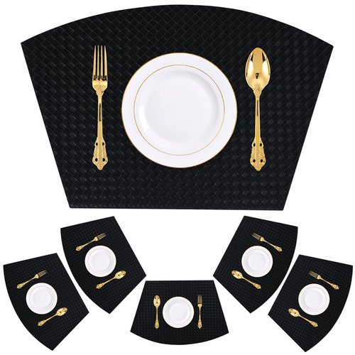Homaxy Faux Leather Strip Woven Round Table Placemats, Set of 6 Heat Insulation Stain Resistant Non-Slip Table Mats for Kitchen Table, Washable Wipe Clean Fan Shape Wedge Place Mats, Black