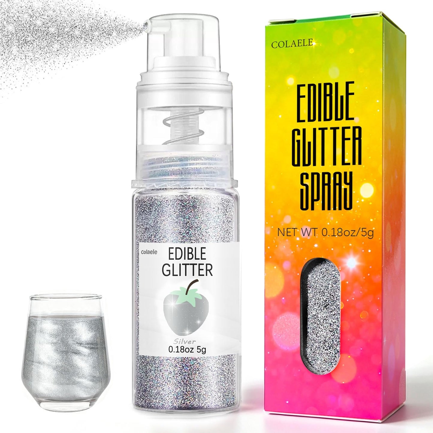 Silver Edible Glitter Spray for Cakes Drinks - Colaele 5 Grams Shimmer Luster Dust Food Grade Metallic Sprinkle Decorating for Cake Decorating, Cookies Baking, Chocolate, Strawberries, Vegan