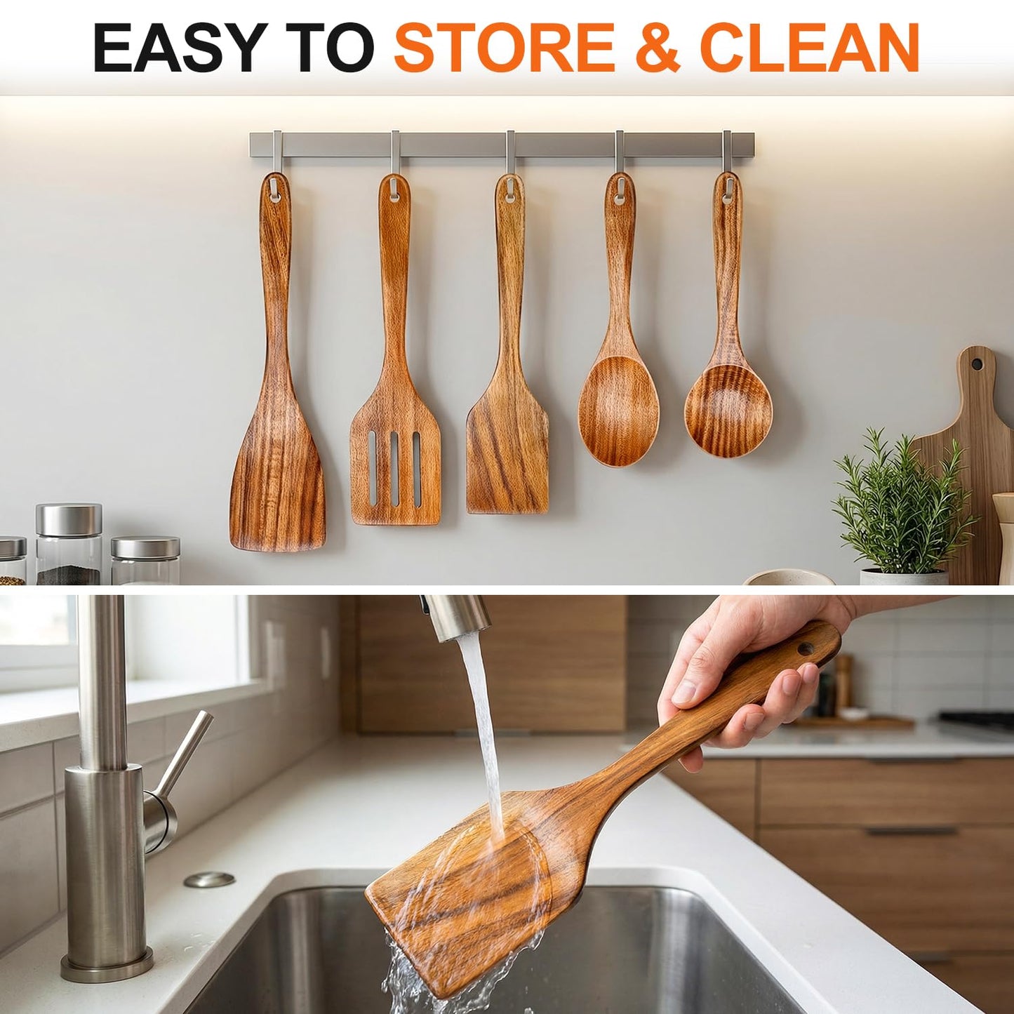 5 Pcs Best Wooden Spoons for Cooking Kitchen Utensils Set Acacia Wood Cooking Spatula Turner Non Toxic Utensil Slotted Serving Spoon Flat Spatulas Set Wooden Utensis Mixing Cooking Spoon Kitchen Tools
