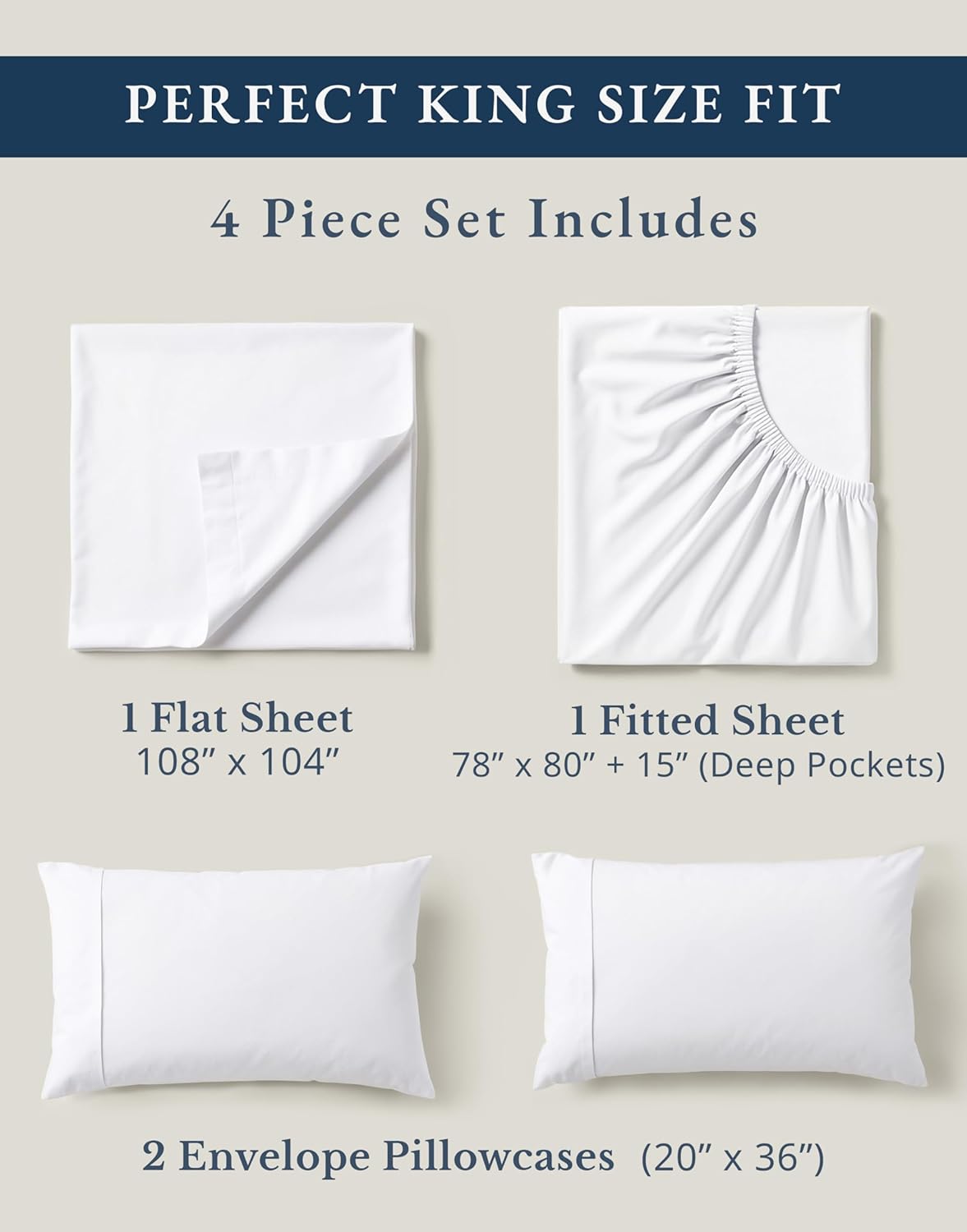 LANE LINEN 100% Organic Cotton King Size Sheets Set - Soft, Breathable & Eco-Friendly White Bedding