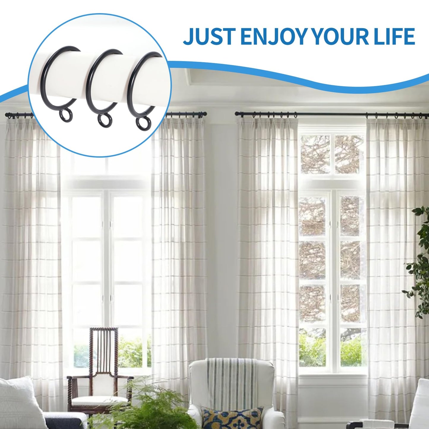 AMZSEVEN 44 Pack Curtain Rings with Eyelets, Metal Drapery Ring for Pinch Pleat Curtains, Drape Ring 1.5 Inch I D, Fits Up to 1.2 in Rod (Black)