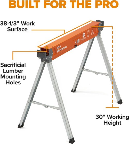BORA Workhorse Saw Horses - Heavy Duty Folding Metal Sawhorses with Built-In Bottle Opener | 2-Pack