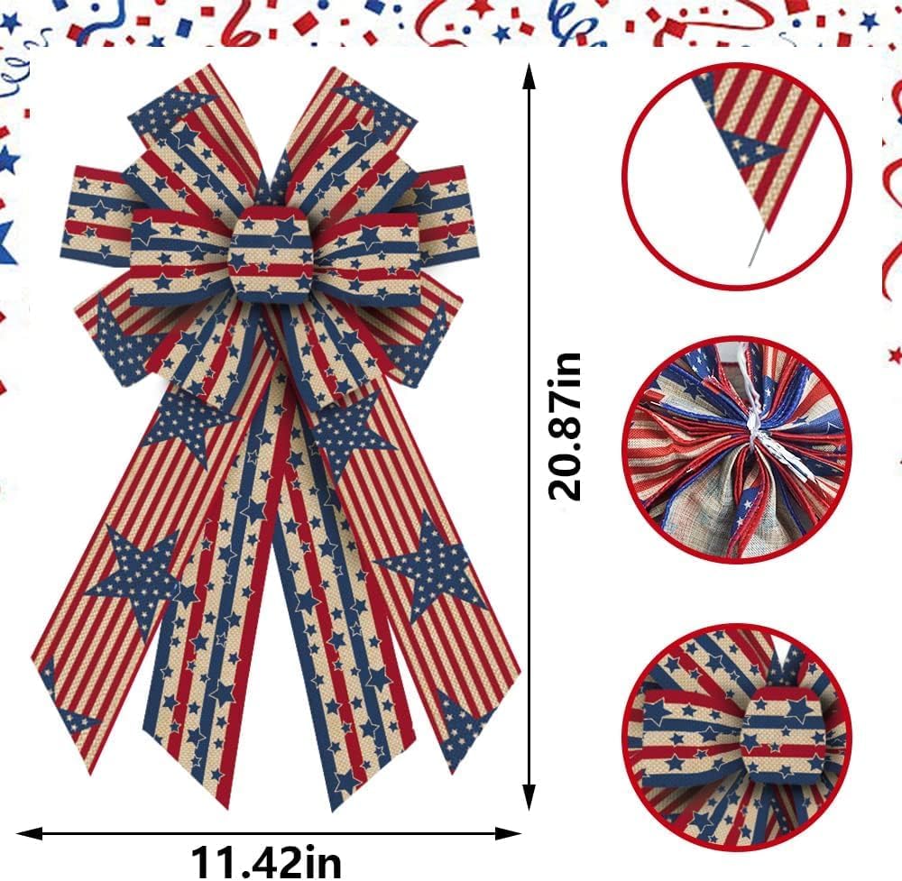 Skiennix Large Patriotic Bows - 4th of July Wreath Decor with American Stars & Stripes