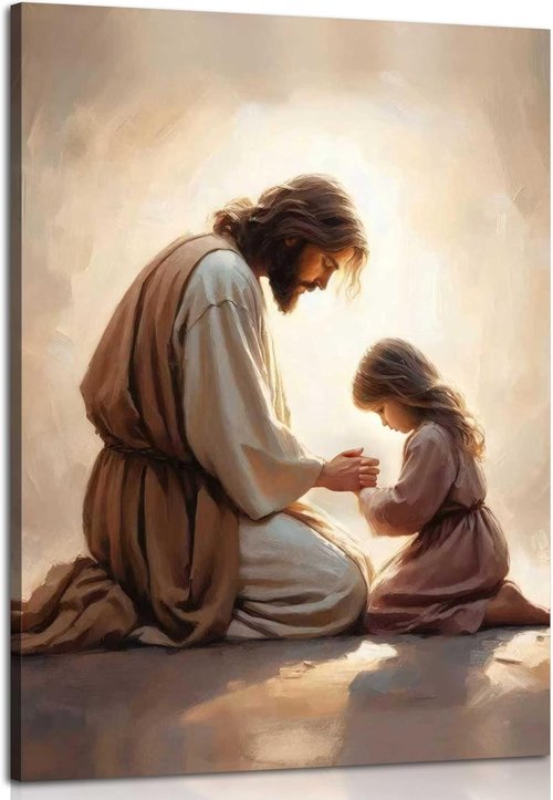 Jesus Praying with Girl Canvas Wall Art - Christian Spiritual Poster for Home Decor | Framed Bible Story Print