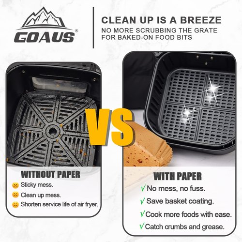 GOAUS Air Fryer Square Paper Liners Disposable Large 150 Pcs for 5 to 8 Qt Basket, 7.9 inch Unbleached Non-stick Oil-proof Parchment Paper