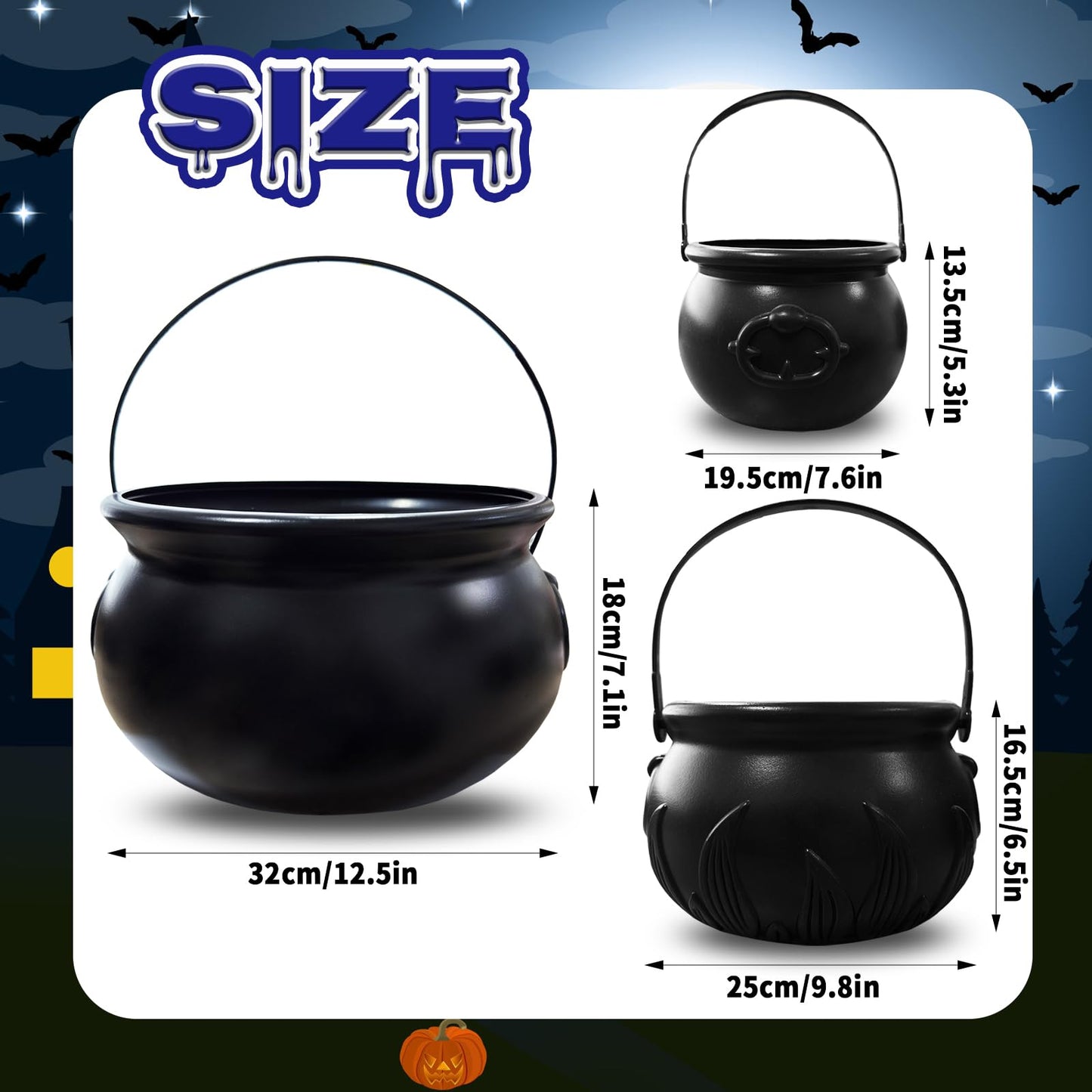 Eerrhhaq 3 in 1 (12.6",9.8",7.6") Halloween Large Black Witch Cauldron Kettle,Plastic Candy Bucket Holder Cauldron Pot Bowl,Party Favor Decoration for St. Patrick's Day and Halloween