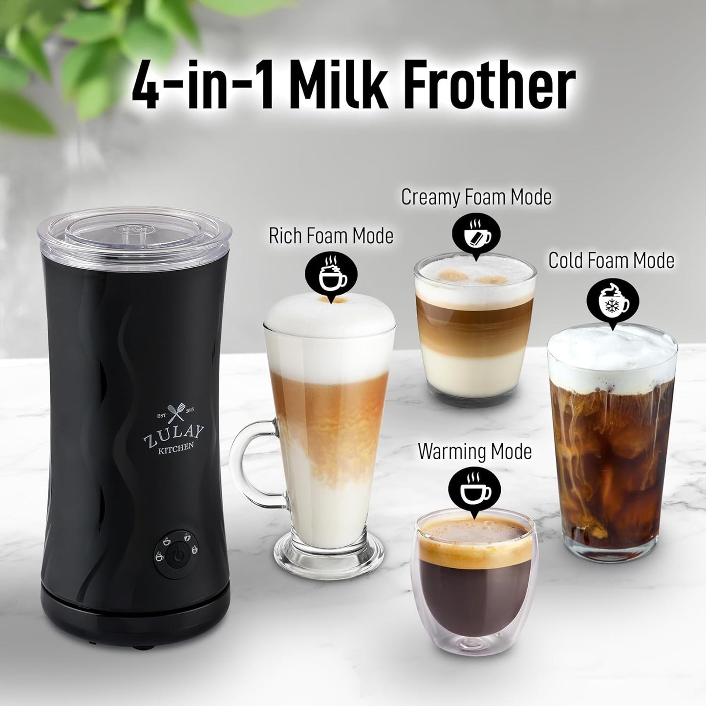 Zulay 4-in-1 Milk Frother & Steamer - Automatic Hot/Cold Foam Maker with Auto Shut Off - Black