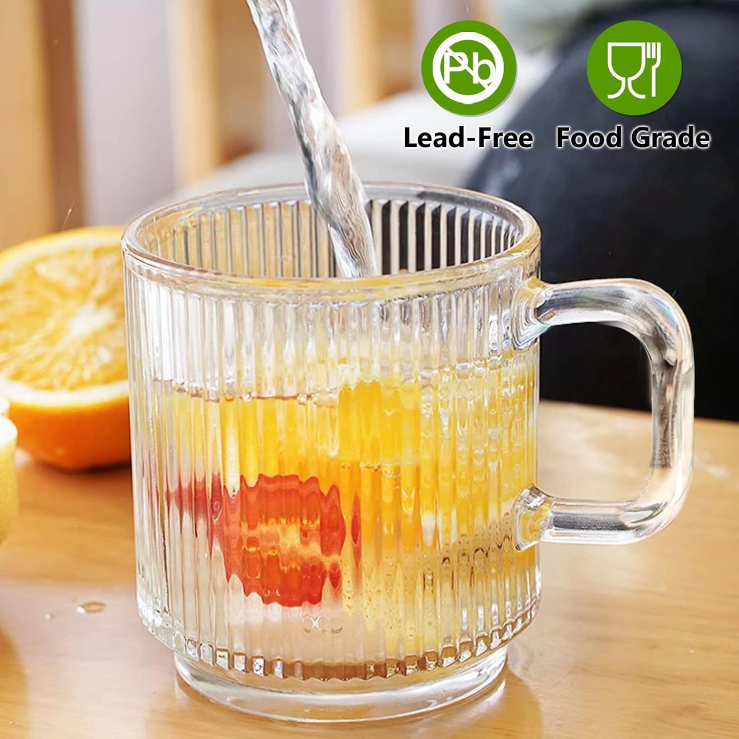 Qipecedm 12 OZ Premium Glass Coffee Mugs - Classic Vertical Stripes | Set of 6 for Hot/Cold Beverages