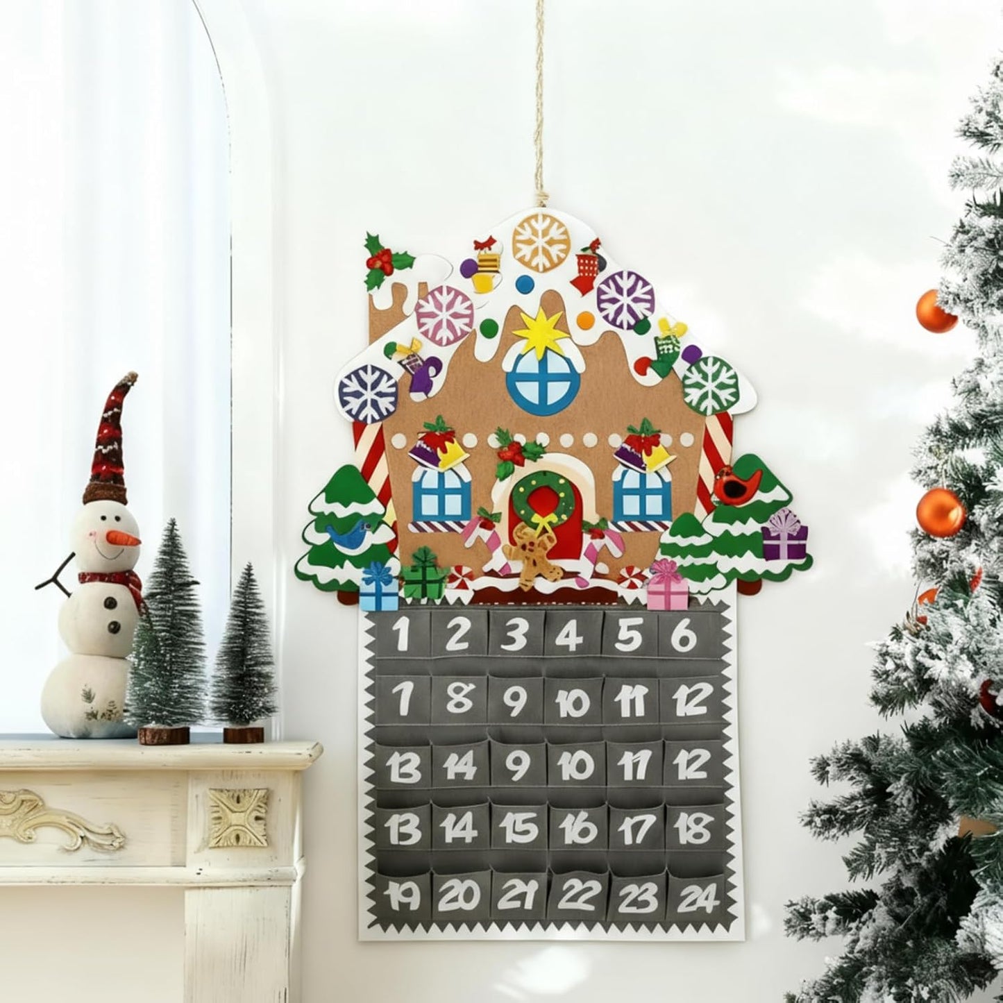 Watersay Christmas Gingerbread House Advent Calendar - 2ft Felt Ornaments with 24 Pockets for Kids
