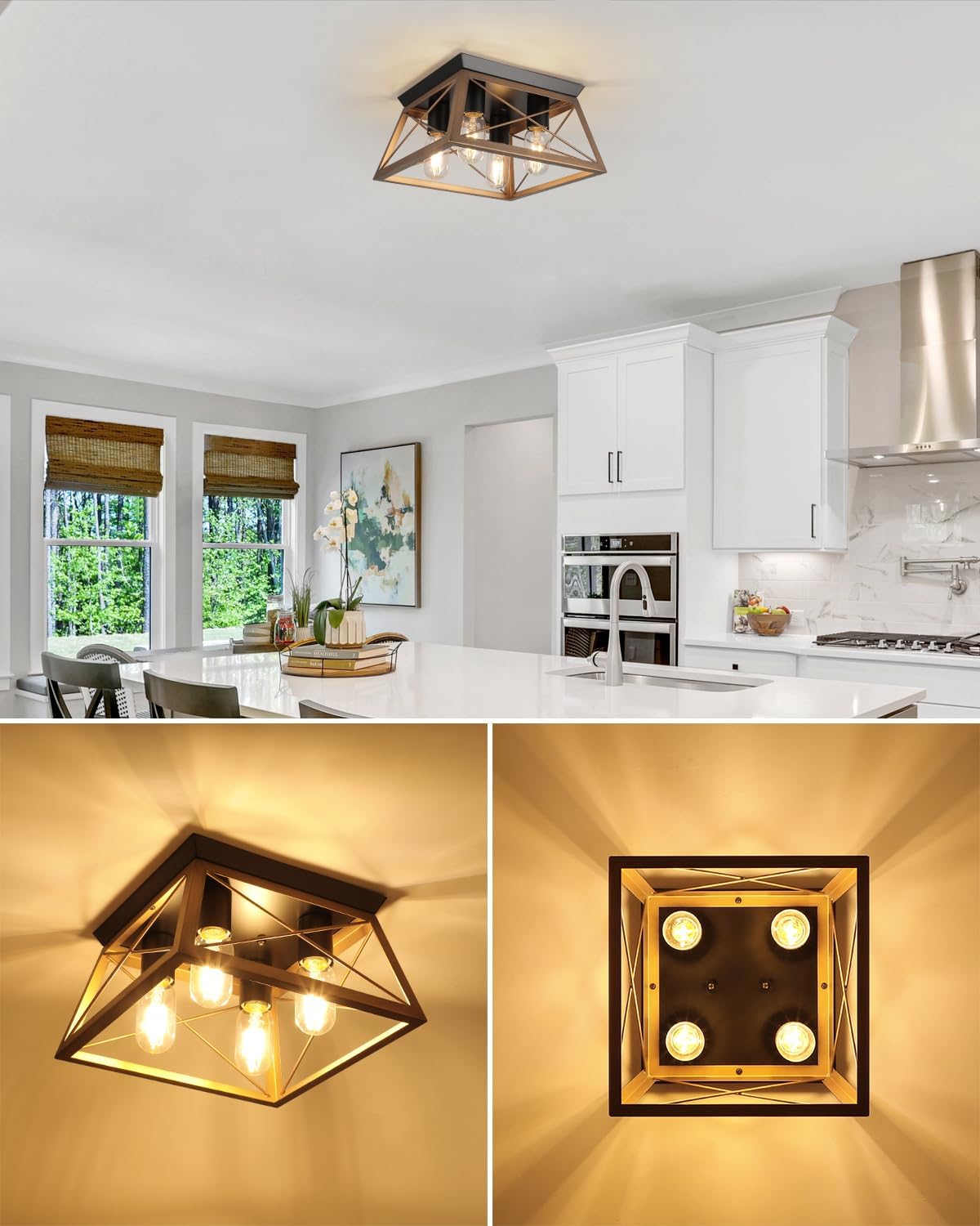 Farmhouse Flush Mount Ceiling Light Oak White Ceiling Light Fixtures 2-Light Industrial Vintage Metal-Framed Ceiling Lighting for Hallway Foyer Kitchen Dining Room Bedroom Living Room Laundry