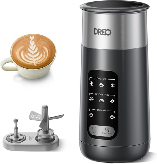 DREO Electric Milk Frother - 8-in-1 Stainless Steel for Latte Art & Microfoam | 9oz/270ml, Easy Clean