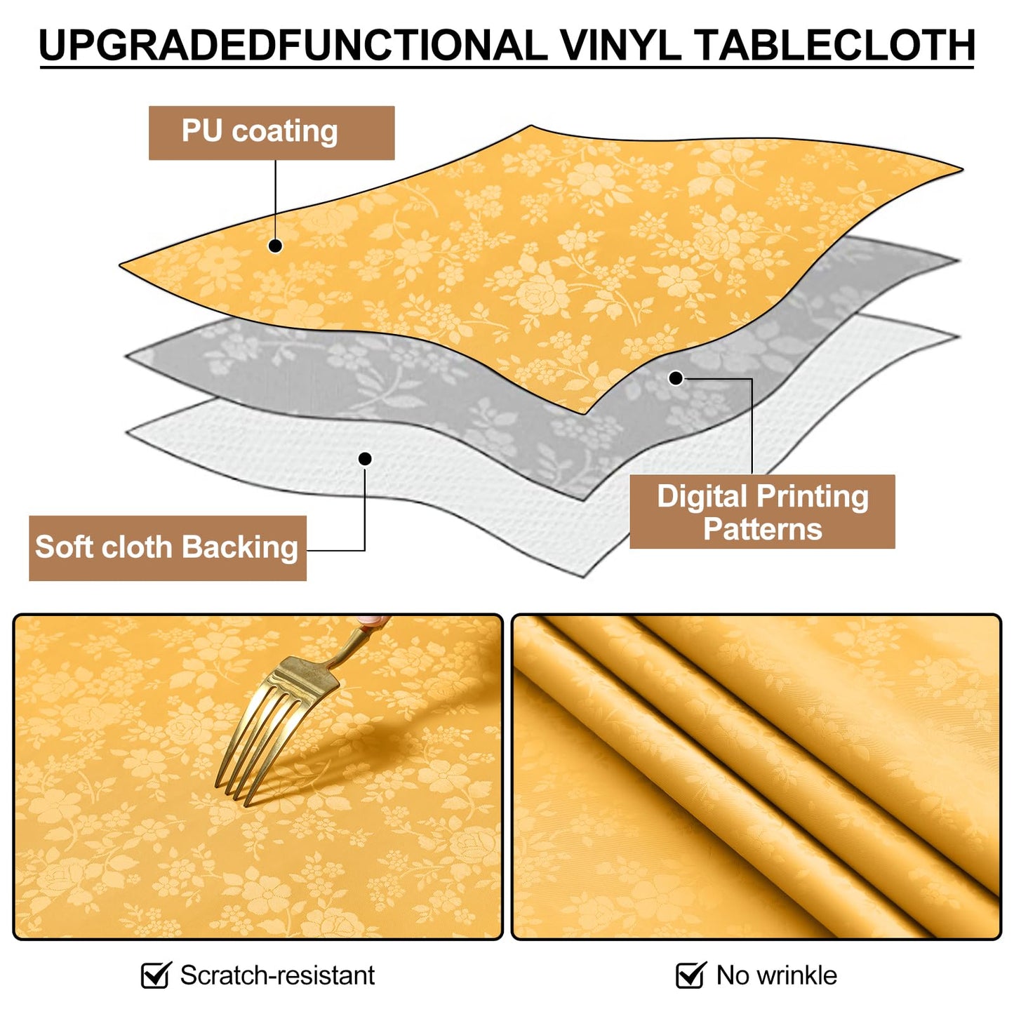 Smiry Rectangle Table Cloth, Waterproof Heavy Duty Vinyl Tablecloths, Wipeable Washable Table Cover for Kitchen and Dining Room (Mustard Yellow, 54" X 78")