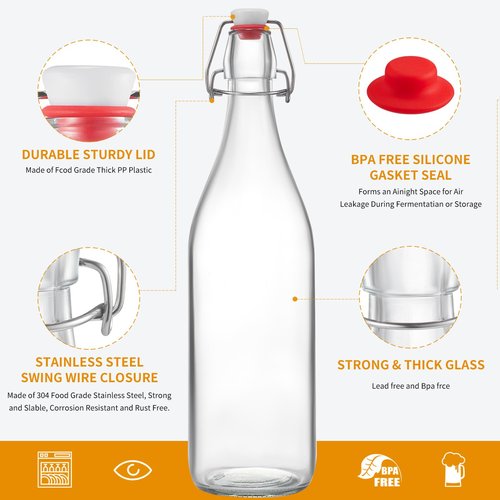 8 Set, 16 OZ Swing Top Glass Bottles - Flip Top Beer Brewing Bottles with Stopper for 2nd Fermentation, Kombucha, Mead Kefir, Vanilla Extract, Juice, Tea, Wine - Airtight Cap Lids, Bonus 2 Pourers