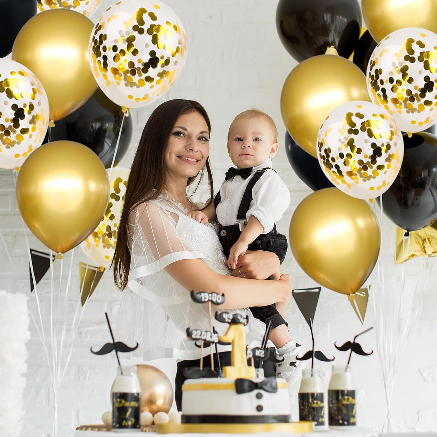 RUBFAC Black and Gold Balloon Garland Arch Kit - 110pcs with Confetti Balloons for Parties