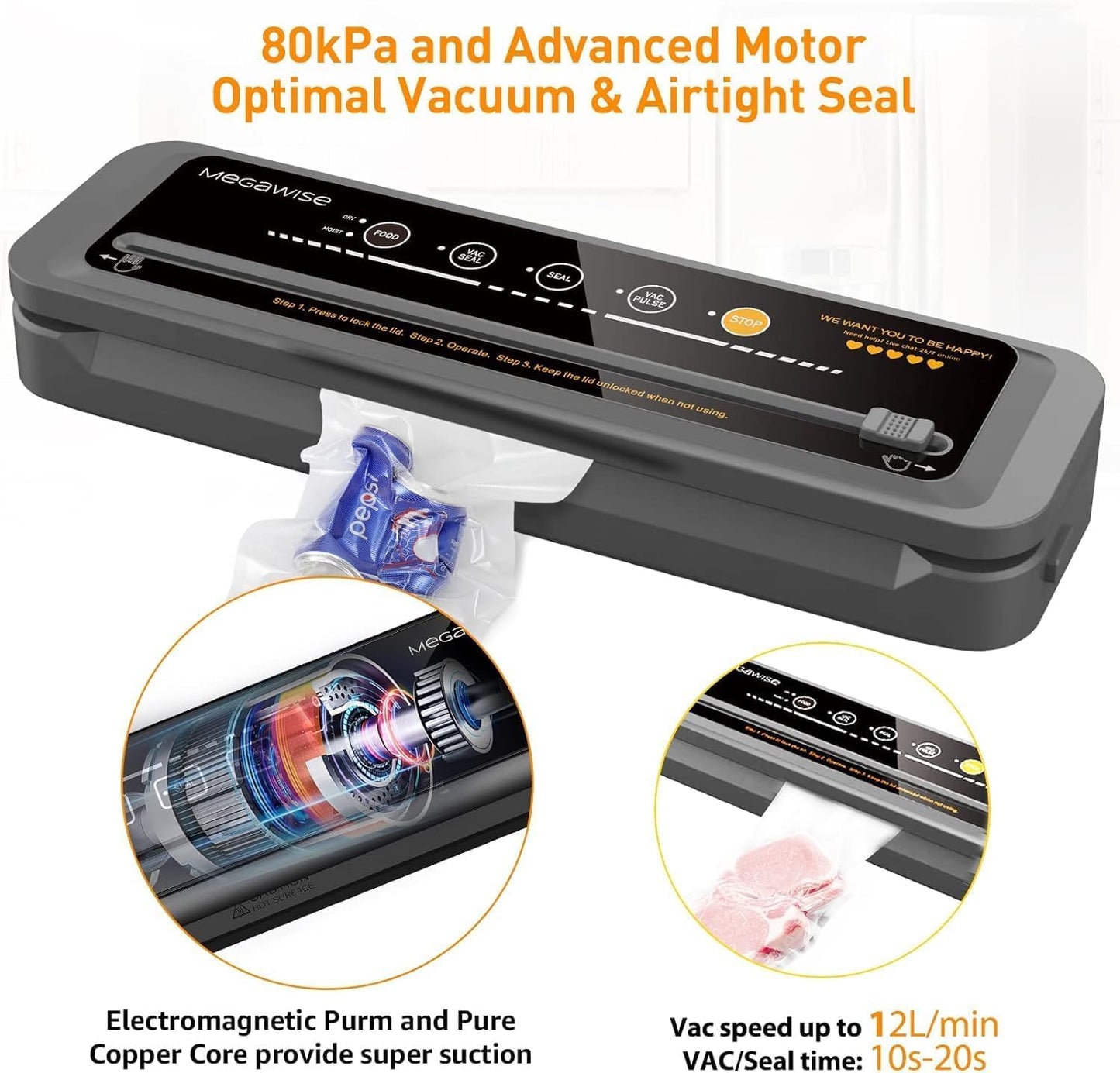 MegaWise Vacuum Sealer Machine - Compact One-Touch Food Sealer with 80kPa Suction Power | Bags & Cutter Included