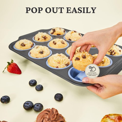 BRONYPRO Silicone Muffin Pans for Baking with Metal Frame, Egg Bite Molds, Cupcake Pans 12 Regular Size, Muffin Tins Easy to Pop Nonstick Non Toxic Bakeware for Oven,Blue