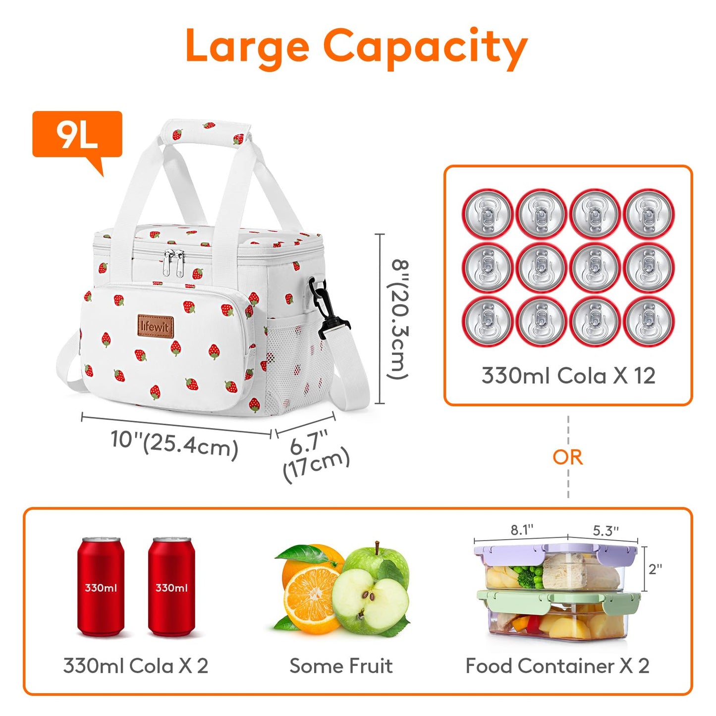 Lifewit Medium Lunch Bag, Insulated Lunch Box, Soft Cooler Cooling Tote for Adult Men Women, Strawberry 12-Can (9L)