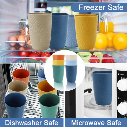 BUSOKIP Wheat Straw Cups 16 OZ, Plastic Drinking Glasses, Drinking Cup, Unbreakable Kitchen Cups Sets of 6, Microwave & Dishwasher Safe Water Glasses, Reusable Plastic Cup for Party (Multicolor)