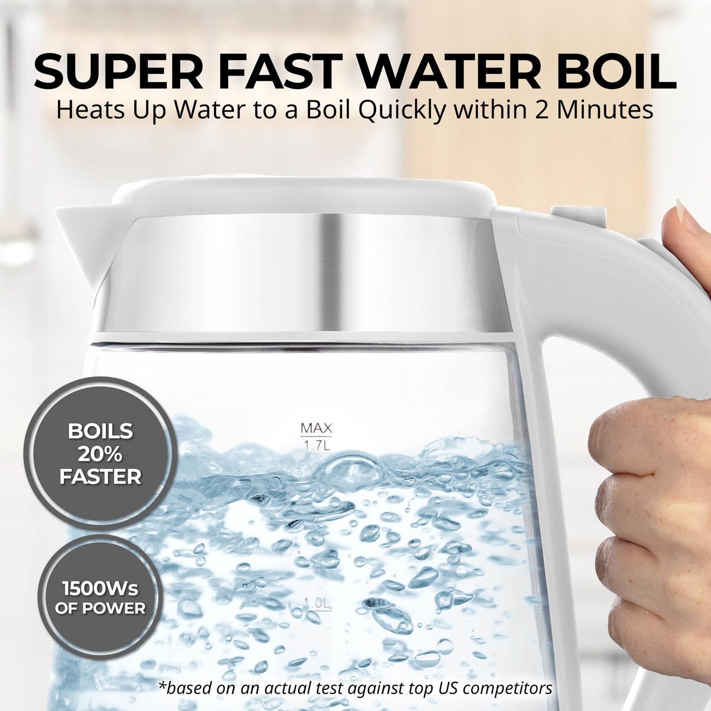 Zulay Kitchen Fast Boiling Electric Water Kettle - 1.7L, 1500W, Auto Shut-Off for Overboil & Boil Dry Protection, Cool-Touch Handle, 360° Base - Rapid Teapot Boiler For Coffee & Tea - White