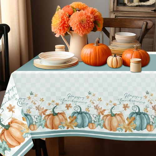 Childom 2 Pack Thanksgiving Tablecloths,Thanksgiving Decorations 54" x 108" Disposable Plastic Tablecloths,Blue Pumpkin Maple Table Covers for Rectangular Table,Home,Dinner,Party,Outdoor Picnic