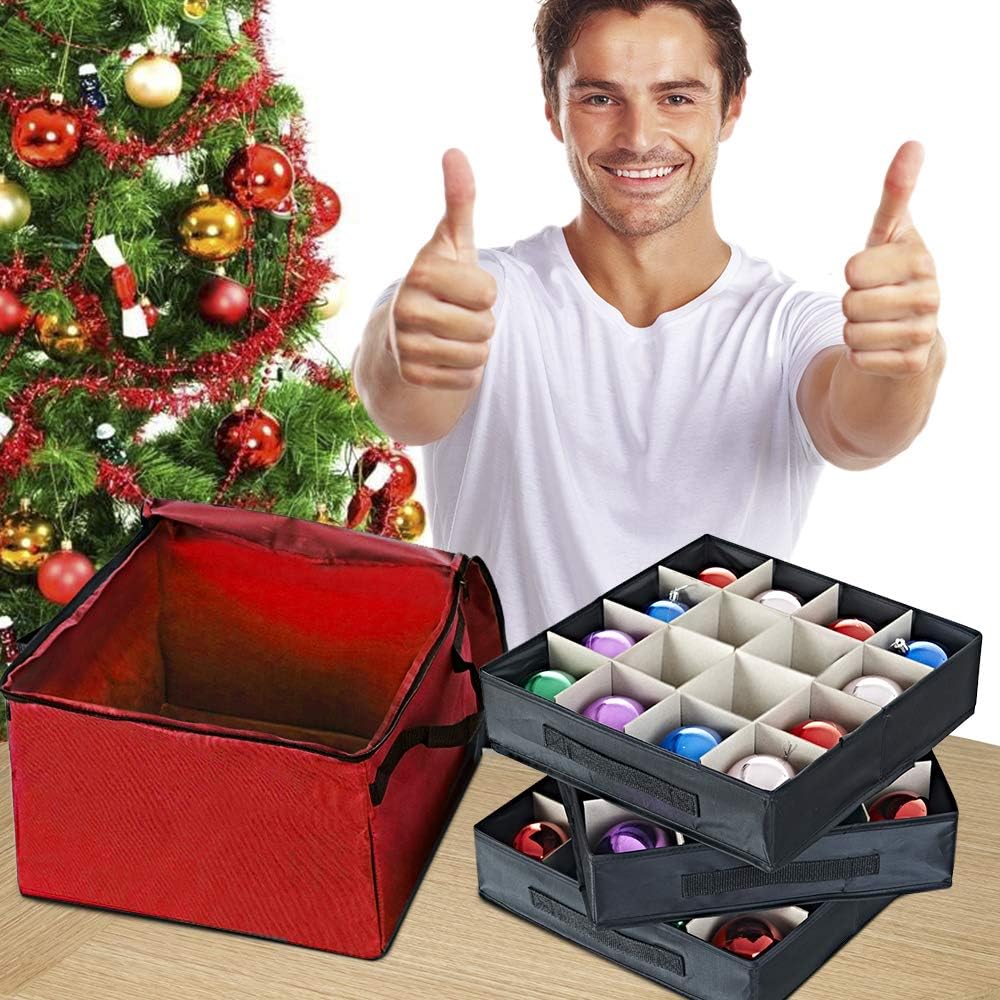 ProPik Christmas Ornament Storage Box - Organizes Up to 48 Xmas Balls with 3 Removable Trays | Red