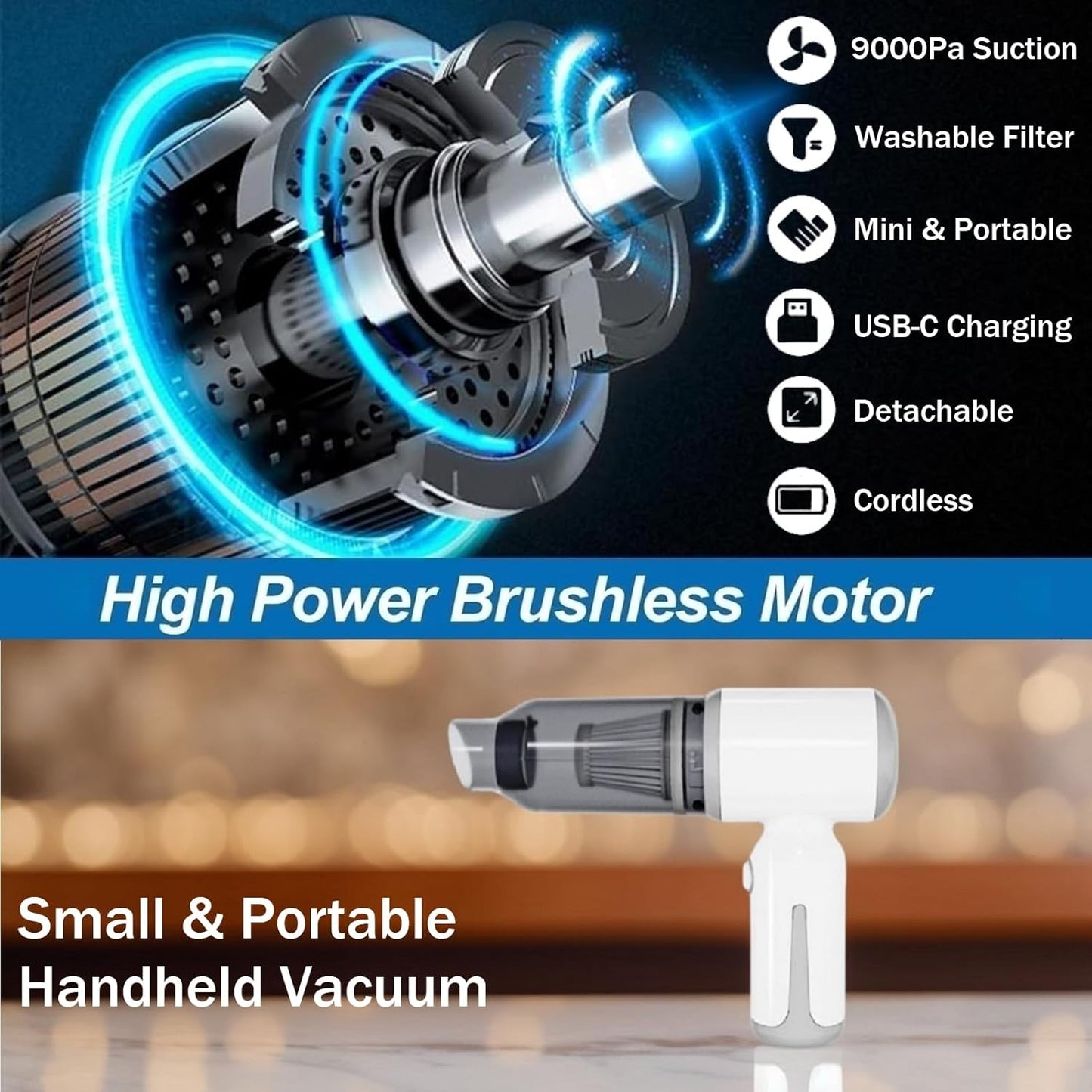 Skiennix Mini Cordless Car Vacuum - High Power 9000PA Suction | Portable 3-in-1 Handheld Cleaner & Air Blower