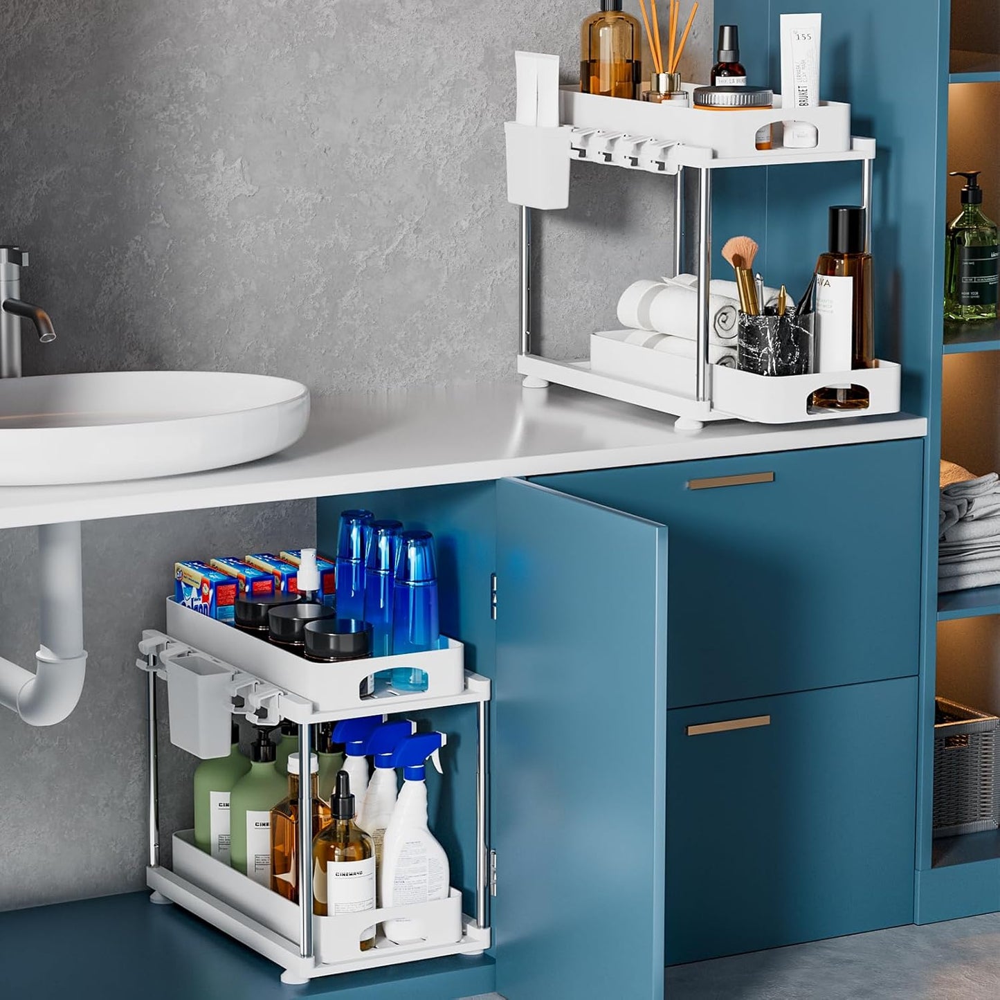 VERIFOST Under Sink Organizers - 2 Pack Adjustable Sliding Cabinet Storage | White 2-Tier Design