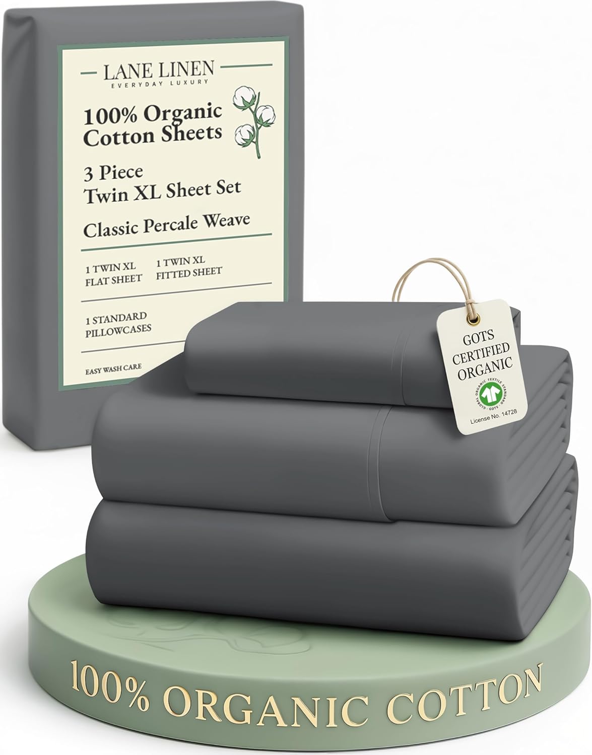 LANE LINEN Twin XL Sheets Set - 100% Organic Cotton, Crisp Percale, Fade Resistant, Charcoal