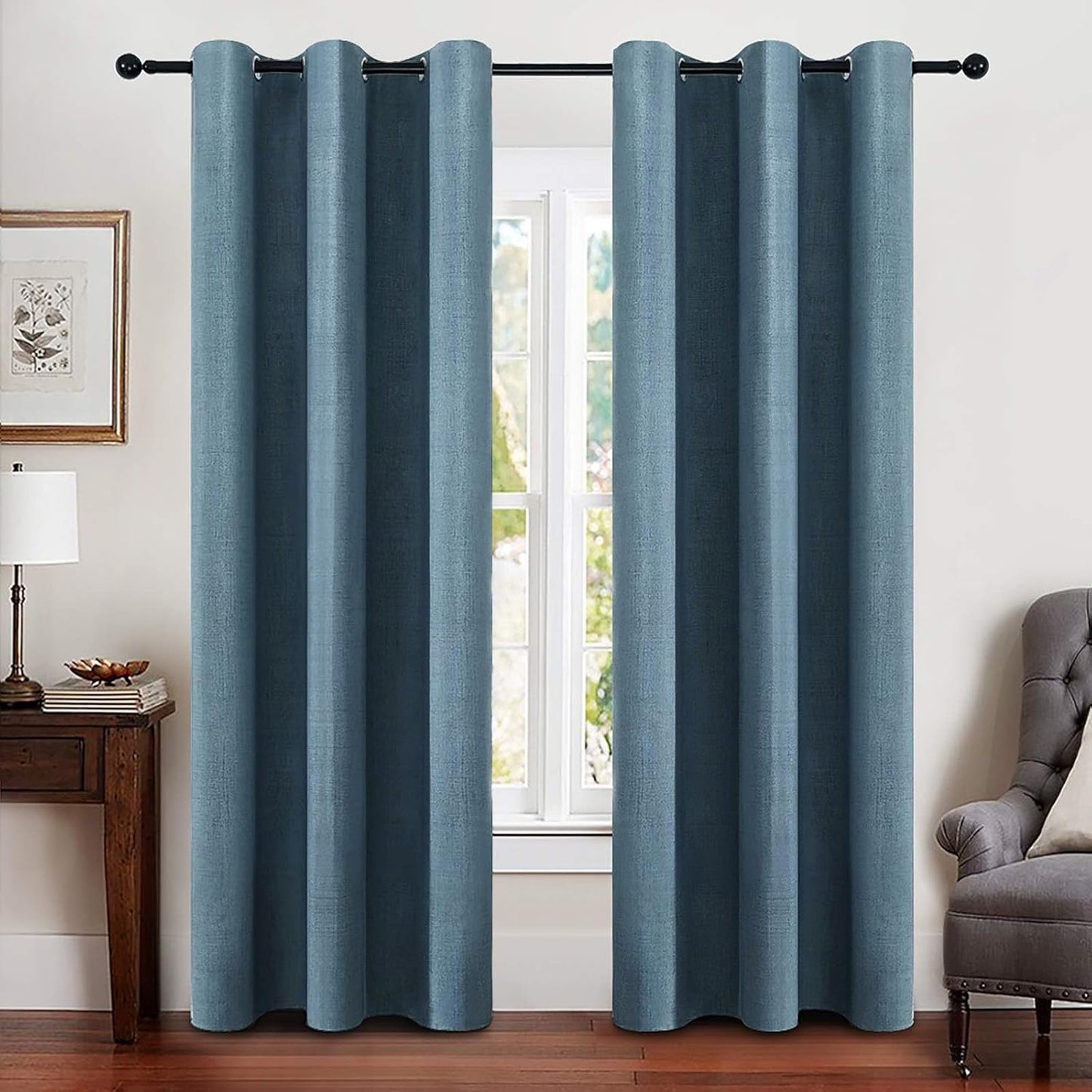 MIULEE Linen Blackout Curtains - 100% Room Darkening Thermal Insulated Grommet Panels | 42" x 90" Dusty Blue (2 PCs)