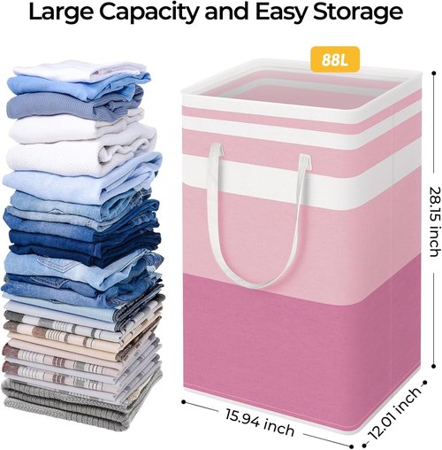 HomeHacks Large Waterproof Laundry Baskets - Collapsible Hampers with Reinforced Handles | Grey & Pink, 88L Each