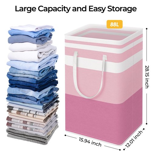 HomeHacks 2 Pack Large Laundry Baskets, Waterproof, Freestanding Laundry Hampers, Collapsible Clothes Hamper with Reinforced Handles in Laundry, College Dorm, Bathroom, Bedroom (Grey+Pink, 88Lx2)