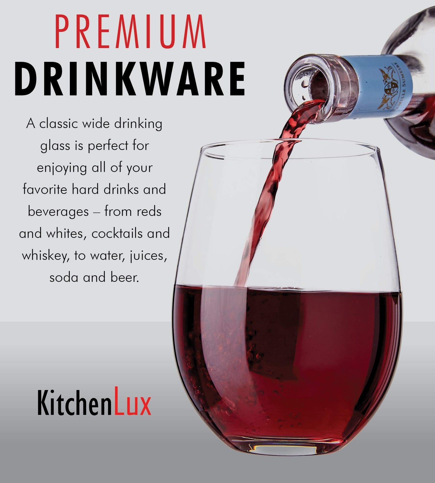 Kitchen Lux Stemless Wine Glasses Set of 12, 18oz Stemless Wine Glass & Cocktail Tumbler Set – Premium Glass Drinking Cups in Bulk– Deluxe Gift Pack Short Drinking Glasses, Dishwasher Safe