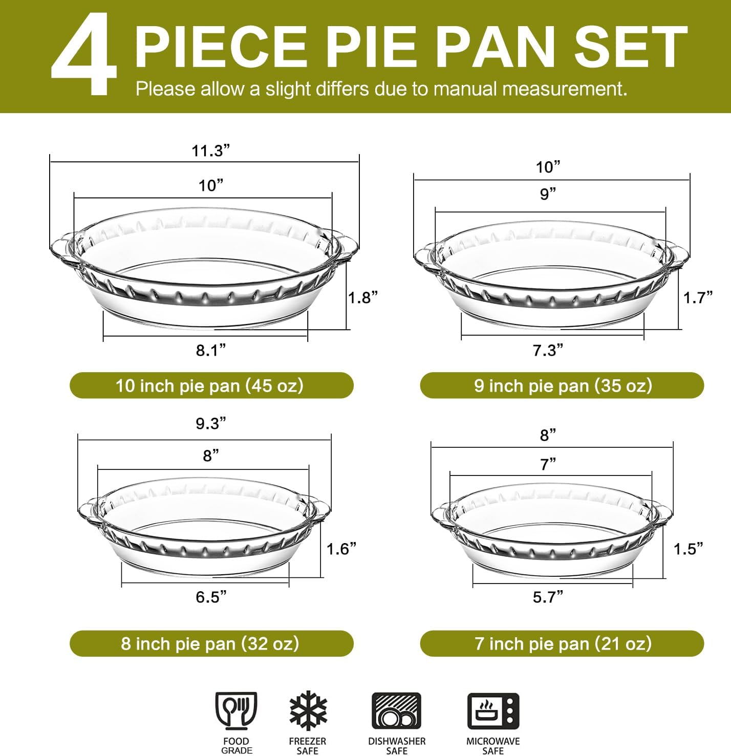 MCIRCO Glass Pie Plates Set - Deep Baking Dishes with Handles (7"/8"/9"/10") - Perfect for Serving Pies