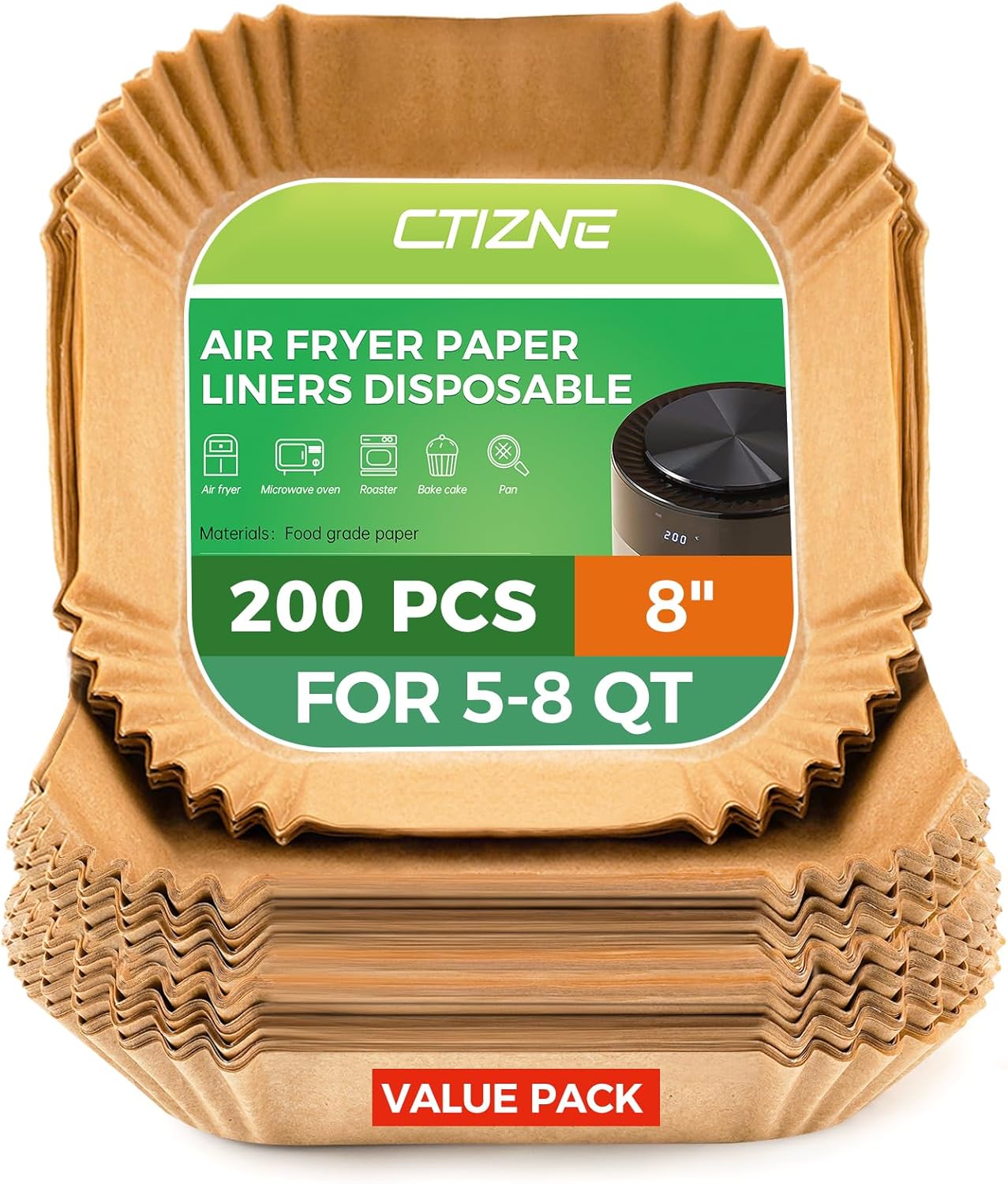 Air Fryer Liners | 200 Pcs Unbleached Parchment Paper, Non-Stick & Waterproof for 5-8 QT Baskets