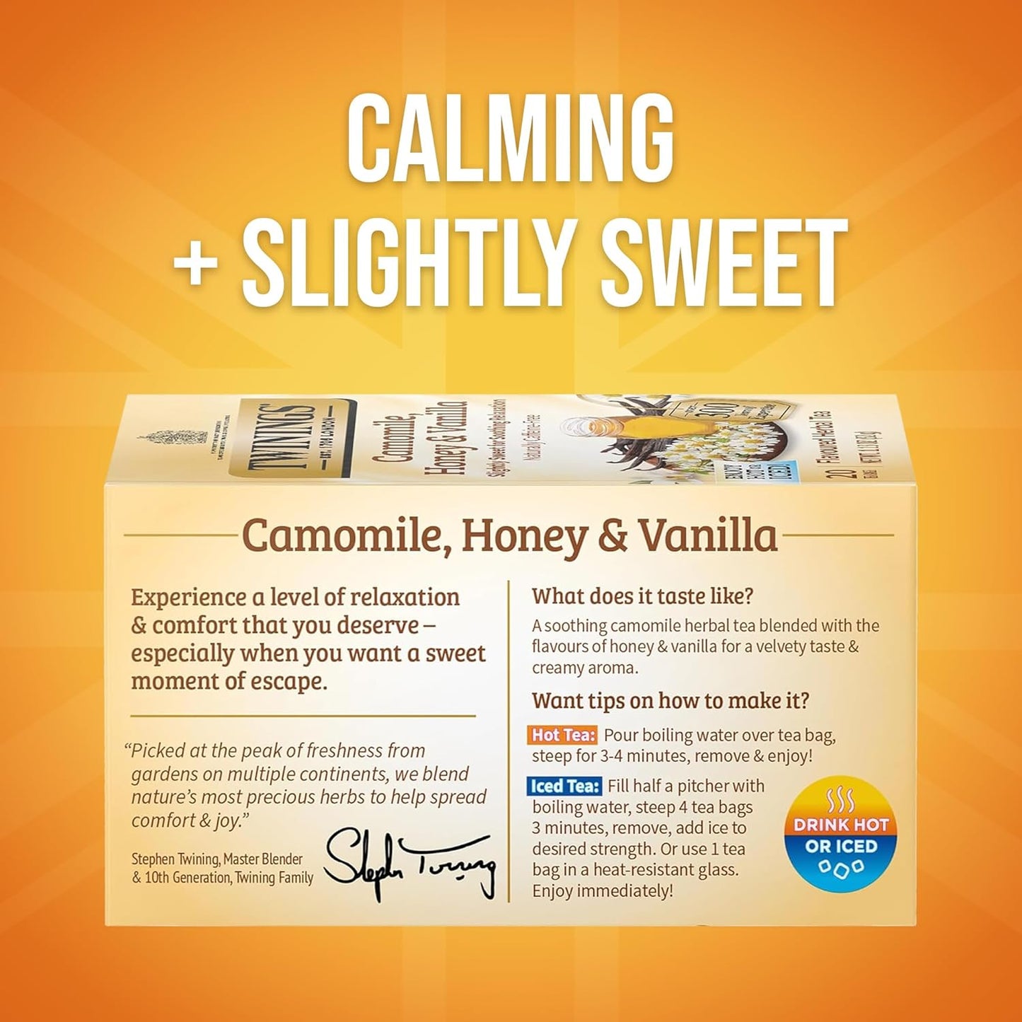 Twinings Camomile Herbal Tea - Honey & Vanilla Flavor, Caffeine-Free, 20 Individually Wrapped Bags