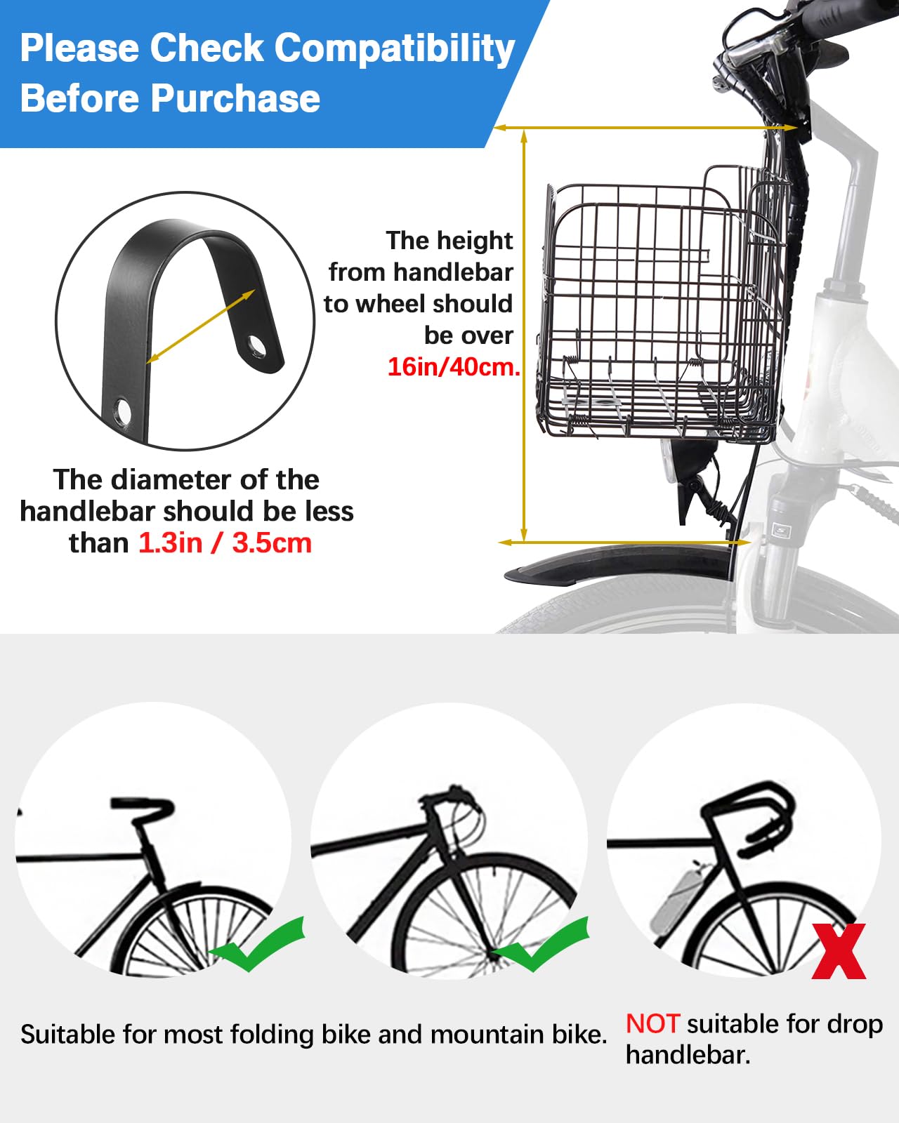 Zacro Metal Bike Basket Front Large Folding Ebike Bicycle Basket with Removable Liner Bag, Quick Release Design for Adult Women/Men Carrying Dogs, Pets, Fruit & Grocery