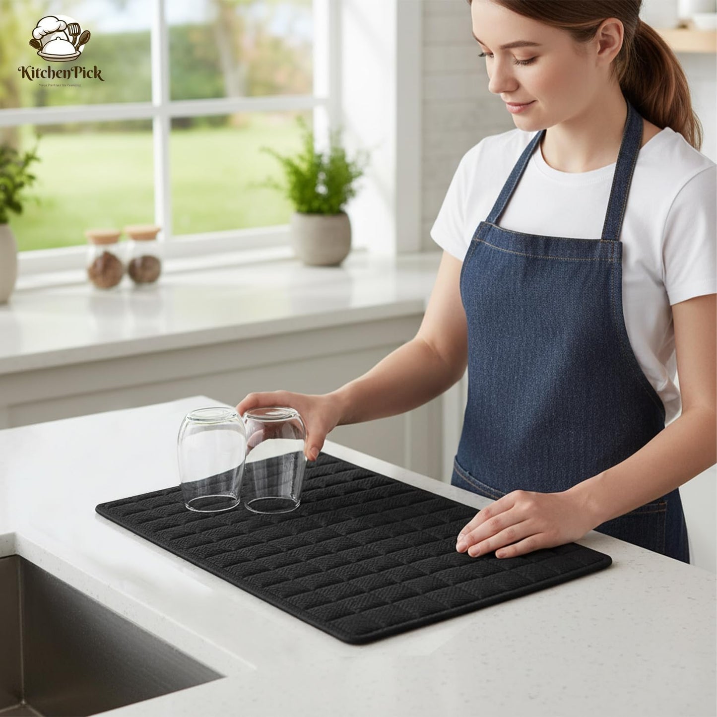 KitchenPick Microfiber Dish Drying Mat 15" x 20", Large Water-Absorbent Dish Drying Mat, Soft Quick-Dry Mat for Sink Dishes, Pots and Pans, Machine Washable Black Dish Drying Matt Kitchen Counter
