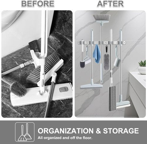 HANZENMA Broom Holder Wall Mount - Heavy Duty Stainless Steel Organizer with 5 Racks & 4 Hooks for Home, Kitchen, Garage
