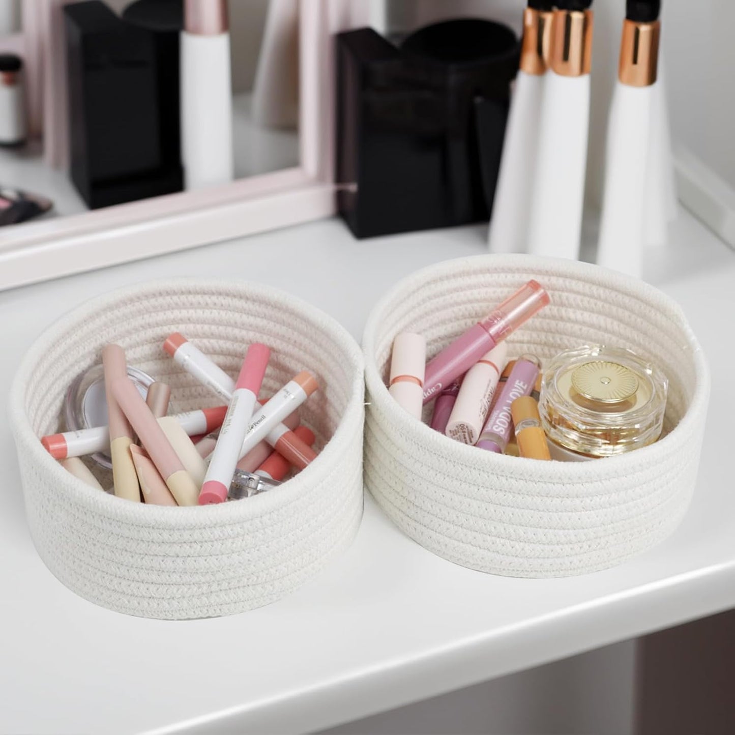 Small Woven Baskets Set by [Brand Name] - Cute Cotton Rope Organizers for Nursery & Bathroom | 3 Mini Baskets