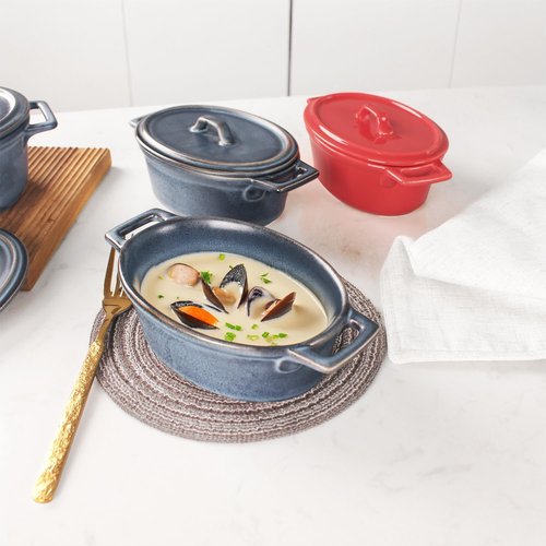 Ceramic Mini Oval Cocotte Set - 10 Oz Casserole Dishes with Lids & Handles | Set of 2, Blue 7.1 Inch