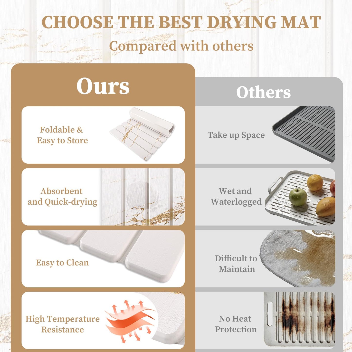 3 PCS Large Stone Dish Drying Mat for Kitchen Counter - Quick Dry Diatomaceous Earth Mat with 2 Coasters, Ultra Absorbent Stone Drying Pad for Dishes & Cups, Heat Resistant, Gold Marble