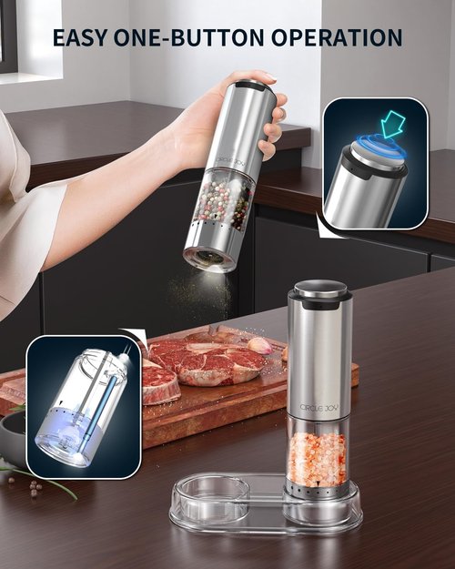 CIRCLE JOY Rechargeable Electric Salt and Pepper Grinder Set - Stainless Steel Mills with LED Light & Adjustable Coarseness, Silver