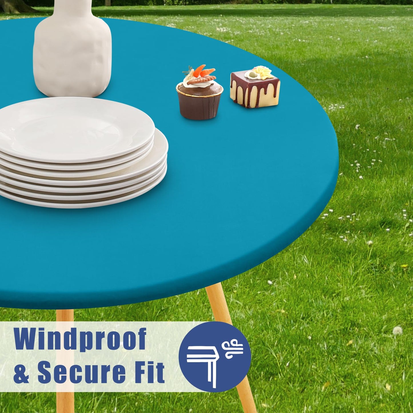 Moosfor Round Spandex Tablecloth, Elastic Fitted Waterproof Tablecloths for 42"-50" Tables, Stretch Washable Picnic Table Cover for Camping, Dining, Indoor and Outdoor, Turquoise