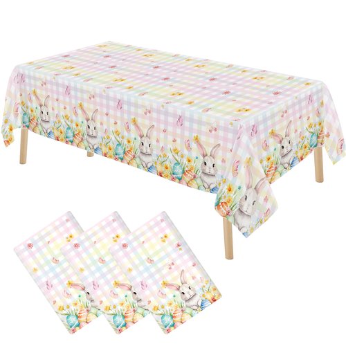 3 Pcs Easter Plastic Tablecloths, 108x54 inch Large Happy Easter Buuny Disposable Table Covers, Spring Flowers Rabbit Coloful Eggs Check Birthday Baby Shower Party Table Decorations Photo Booth Props