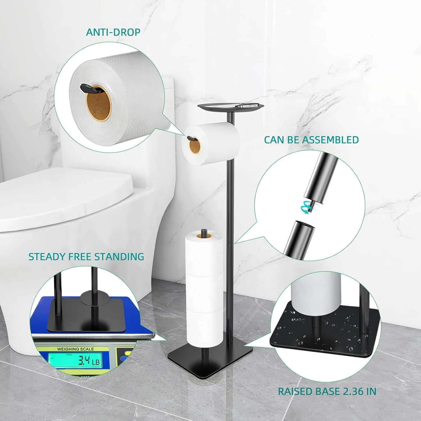 Feilern Toilet Paper Holder Stand - Floor-Standing Dispenser with Top Storage Shelf - Black