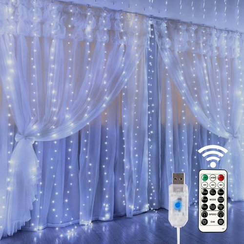HOME LIGHTING Window Curtain String Lights, 300 LED 8 Lighting Modes Fairy Copper Light with Remote, USB Powered Waterproof for Christmas Bedroom Party Wedding Home Garden Wall Decorations, Cool White