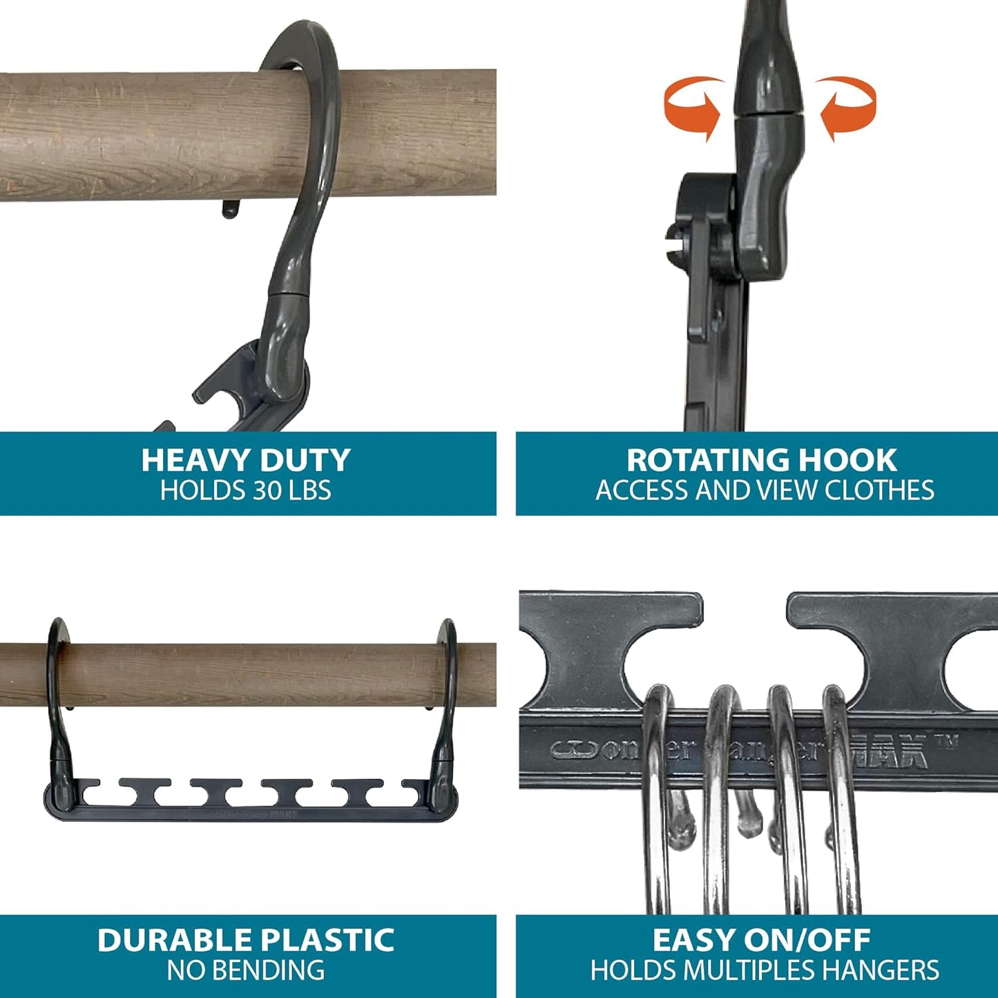 Wonder Hanger Max 10-Pack Space Saving Hangers - 360° Swivel Hooks for Dorms & Closets - Grey