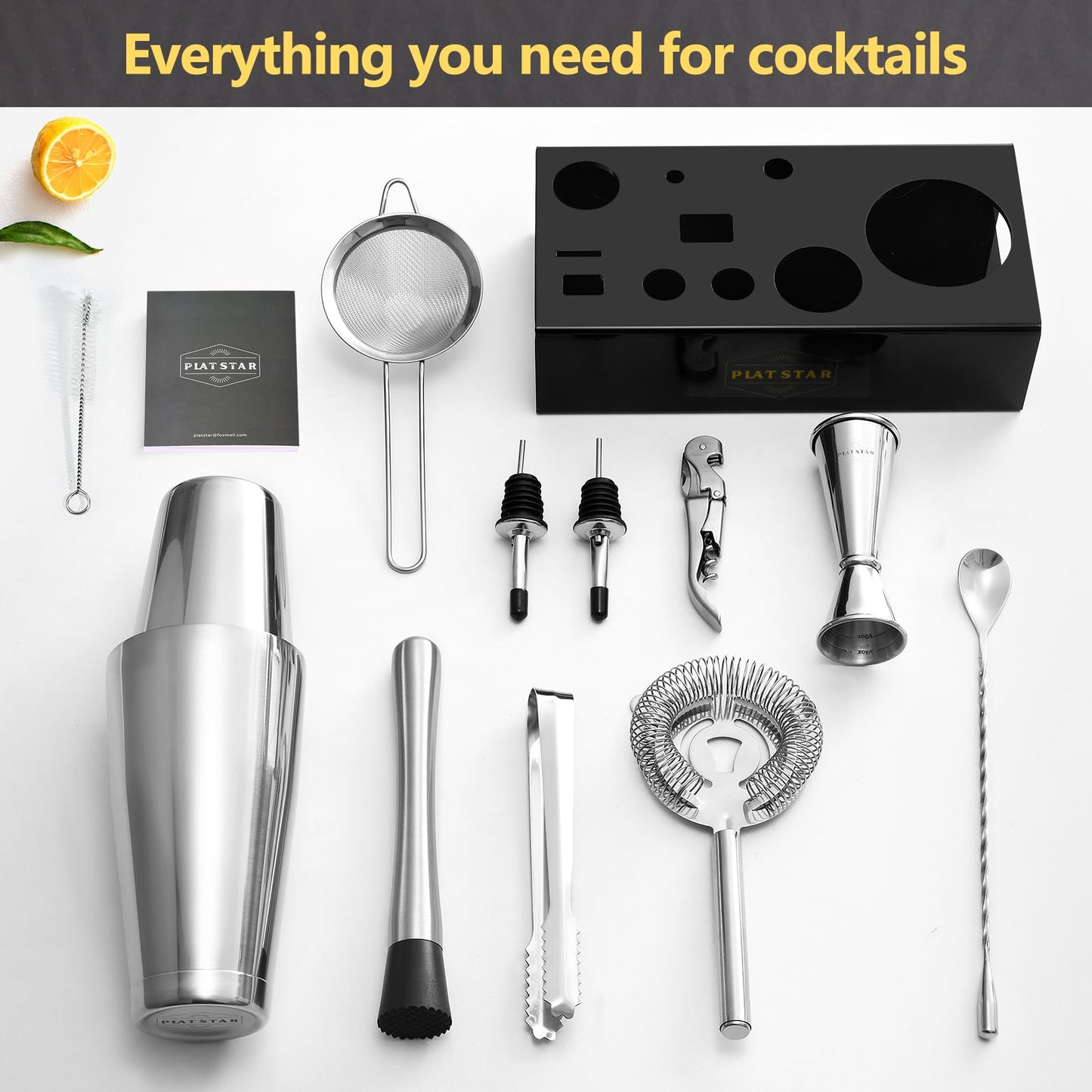 Plat Star Mixology Bartender Kit with Stand, Home Bar Set Cocktail Shakers Bartending Kit, Bar Tools Boston Shaker Set, Professional Drink Mixing Martini Making Barware with Recipe Book